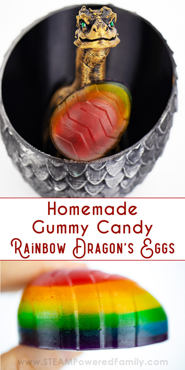 Dragon's Egg Rainbow Homemade Gummies - Gorgeous, delicious and so easy to make! Gummy candy making is great for exploring polymers in a tasty science lesson with your kids. This is the perfect project for all the dragon lovers! #HomemadeGummies #GummiesRecipe via @steampoweredfam