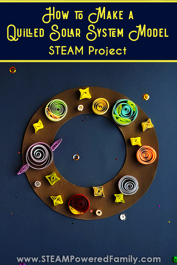 Learn how to build a solar system model using quilling paper. A wonderful STEAM project for space loving kids. Quilling builds fine motor skills, hand-eye coordination and is incredibly calming and relaxing. A fantastic skill for kids and adults. Build a solar system for a class Space STEAM project. #Quilling #SolarSystem via @steampoweredfam