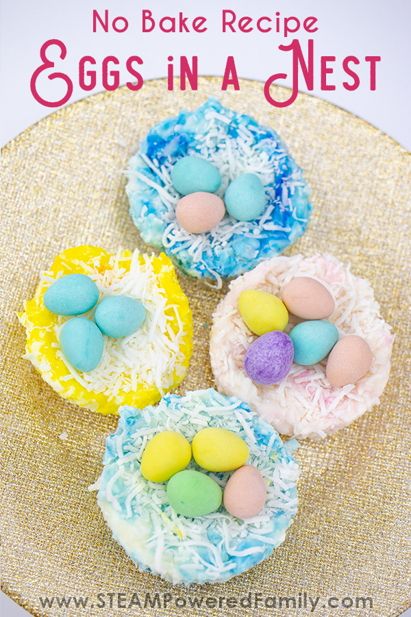 Delicious no bake recipe for kids to make this spring! Coconut Ice is a heritage recipe that makes the perfect nests for these cute and yummy Eggs in a Nest treats. Perfect for a classroom or after school project for kids to get in the kitchen. Or as a spring party treat! #CoconutIce  via @steampoweredfam