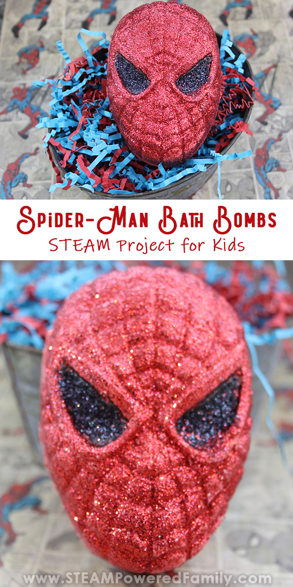 This STEAM Project gets kids excited to learn! Create Spider-man bath bombs with a simple recipe, and learn hands on about chemistry, math and art. Perfect for your little superheros! #bathbombs #spiderman via @steampoweredfam