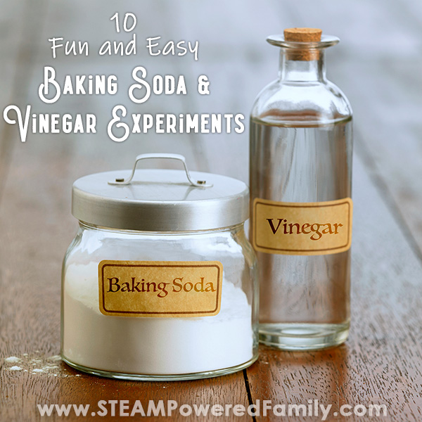 A glass jar filled with white powder and a parchment label with Baking Soda written on it, is beside a glass bottle with a matching parchment label saying vinegar. They are pictured on a wood background. The words 10 fun and easy baking soda and vinegar experiments in white text. 