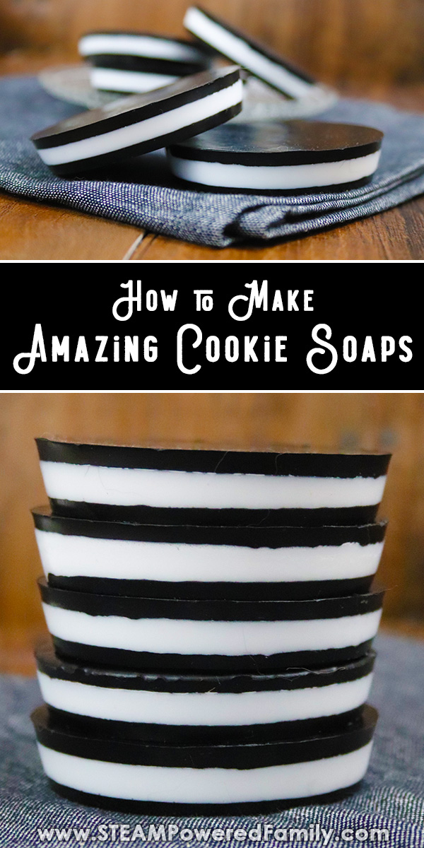 This fun and easy DIY project makes the most amazing Cookie Soaps inspired by our love of Oreo Cookies. An easy soap recipe makes this a great kid project that will get kids excited about washing their hands. Activated charcoal makes this a great soap recipe for the workshop with it's grease cutting powers. Embrace your love of cookies with these fun DIY Cookie Soaps and the simple soap recipe. #SoapRecipe #HowToMakeSoap #SoapForKids via @steampoweredfam