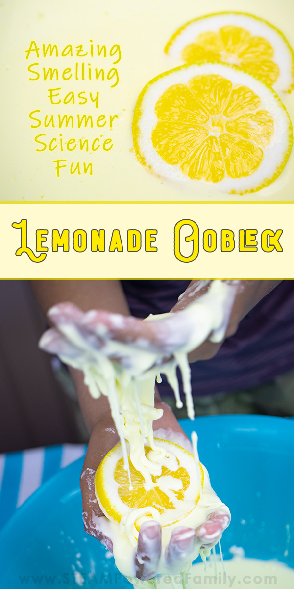 Summer outdoor science fun and this Lemonade Oobleck are the perfect pair! Using items in the kitchen create this summery Oobleck for hands on learning. Kids can get messy, playing and learning with this delicious smelling Oobleck that is a sensory dream. Taste safe too so all ages can play and learn this summer! #Oobleck #Lemonade via @steampoweredfam
