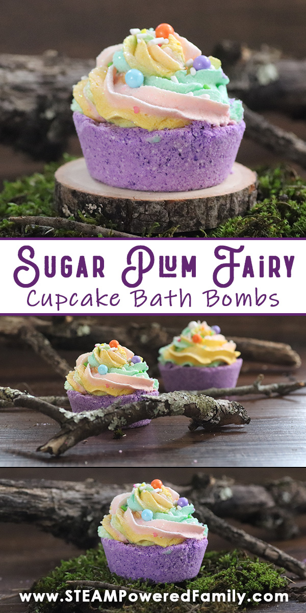 These magical Sugary Plum Fairy Cupcake Bath Bombs are so much fun to make and the result is stunningly beautiful. Perfect for gifting or using when you need a bit of fairy magic at the end of the day. The purple cupcake bottom is topped with wonderful, multi-coloured whipped icing soap, then sprinkled with candies. A great DIY project for teens and tweens. We have even included the science behind the fizz. #BathBombs #Fairy #CupcakeBathBomb via @steampoweredfam