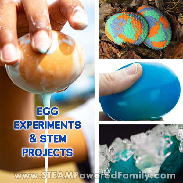 4 different egg projects are shown with the overlay text Egg Experiments and STEM Projects
