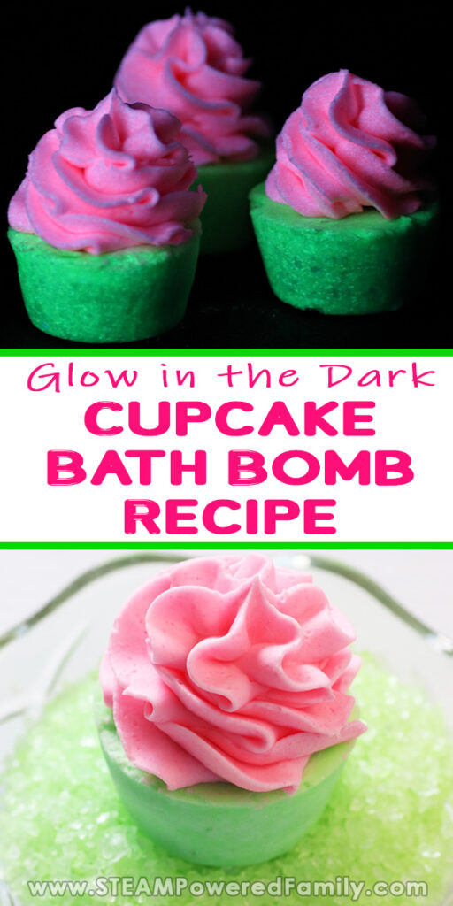 2 images are depicted, one in darkness showing how pink and green cupcake bath bombs glow in the dark, the bottom in day light on a light green crystal background. Overlay text says Glow in the Dark Cupcake Bath Bomb Recipe.