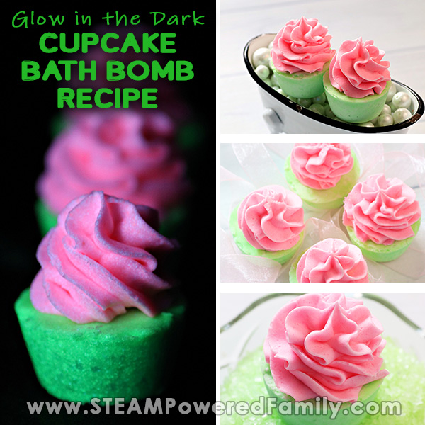 4 images are in a collage with glow in the dark green and pink cupcake bath bombs shown in the left and on the 4 right different daylight images depicting the same pink and green bath bombs that glow. Overlay text says Glow in the Dark Cupcake Bath Bomb Recipe
