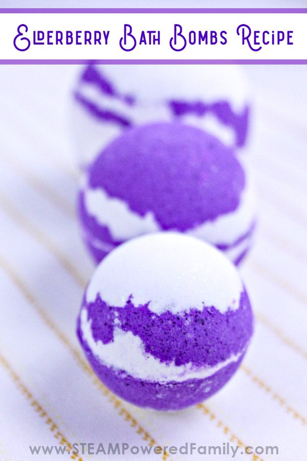 Purple and White bath bombs are in a row. Overlay text says Elderberry Bath Bomb Recipe