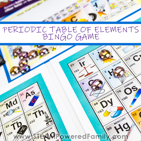 A periodic table of elements bingo game is laid out in midplay with some tokens in place. Overlay text says Periodic Table of Elements BINGO Game