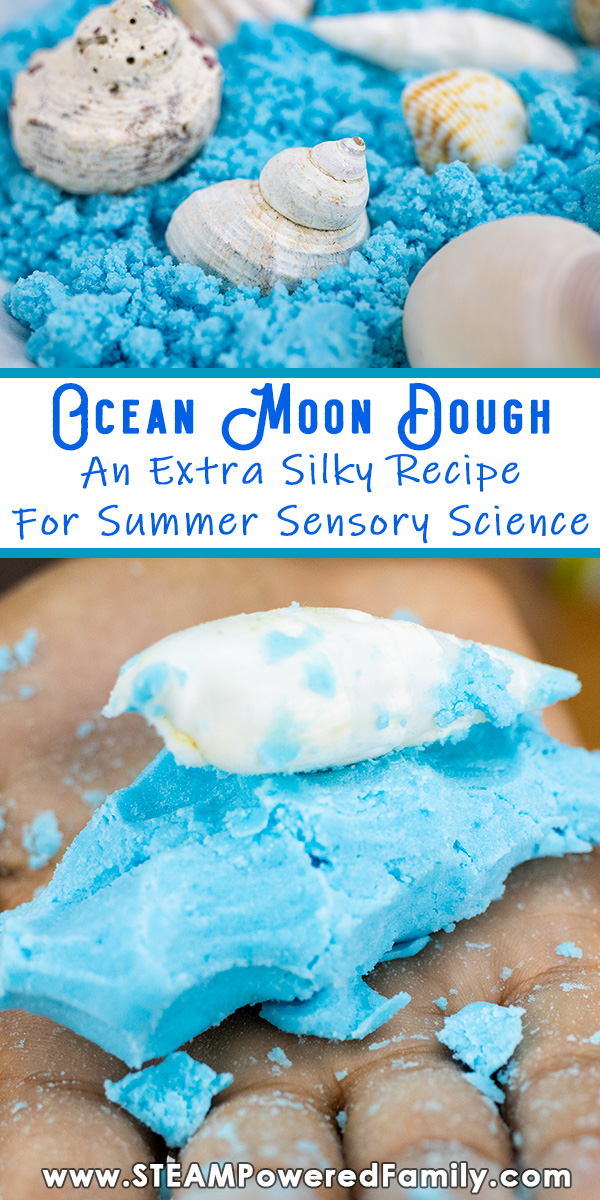 Ocean blue moon dough in a bowl and a child's hand. Overlay text says Ocean Moon Dough An Extra Silky Recipe for Summer Sensory Science