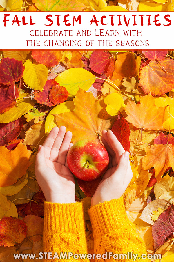 Child hands hold an apple over a pile of colorful fall leaves. Overlay text says Fall STEM Activities