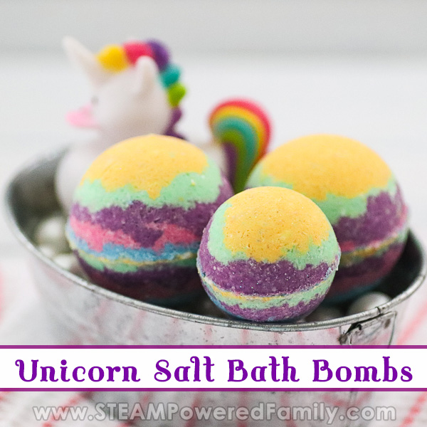 Unicorn bath bombs in a rainbow of colors. Overlay text Unicorn Salt Bath Bombs with Chemistry Lesson for kids