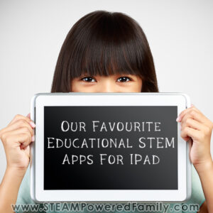 Girl holding tablet that says STEM Apps for IPad