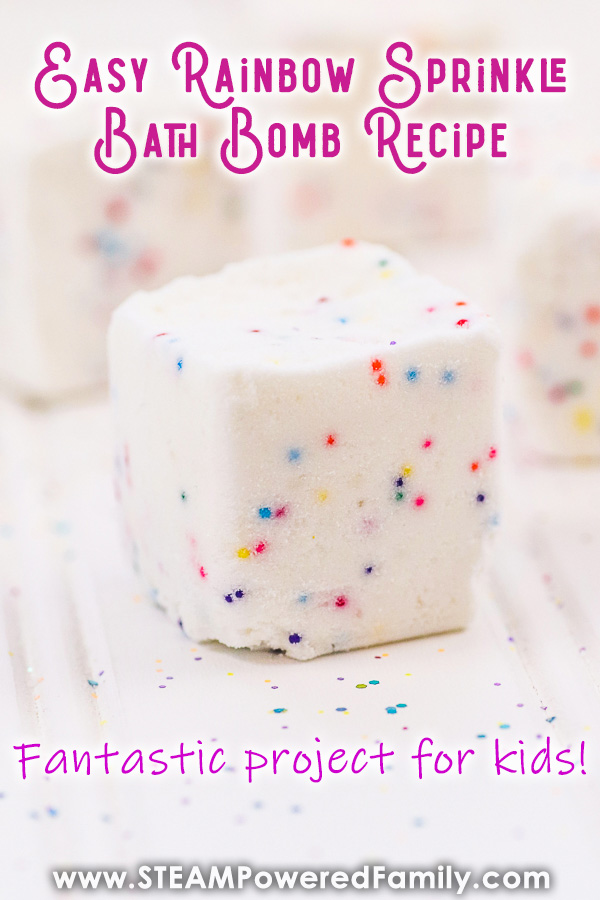 A white bath bomb cube with rainbow sprinkles