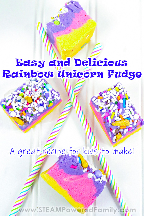 Kids will learn candy science and kitchen skills while making this easy, delicious and gorgeous Rainbow Unicorn Fudge recipe that is simply magical! Today we wanted to add a little mythical magic to our fudge by using all the candy science lessons we have learned, and apply them to an incredibly easy and fast fudge recipe that looks amazing! Perfect for a unicorn themed party. #Unicorn #FudgeRecipe #Rainbow #RainbowFudge #UnicornFudge #KitchenScience #CandyScience via @steampoweredfam
