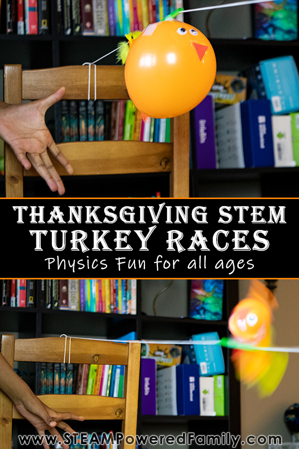 This Thanksgiving play with physics with Turkey Balloon Races. The perfect Thanksgiving STEM Activities for all ages that will have everyone laughing, learning and having fun. Explore Newton's Laws of Motion with this simple physics challenge that is so silly and so much fun, it will have everyone celebrating their turkey successes! An excellent project for a classroom activity or a fun family challenge, Turkey Races are the perfect Thanksgiving STEM Activity. #ThanksgivingSTEM #TurkeyActivity via @steampoweredfam