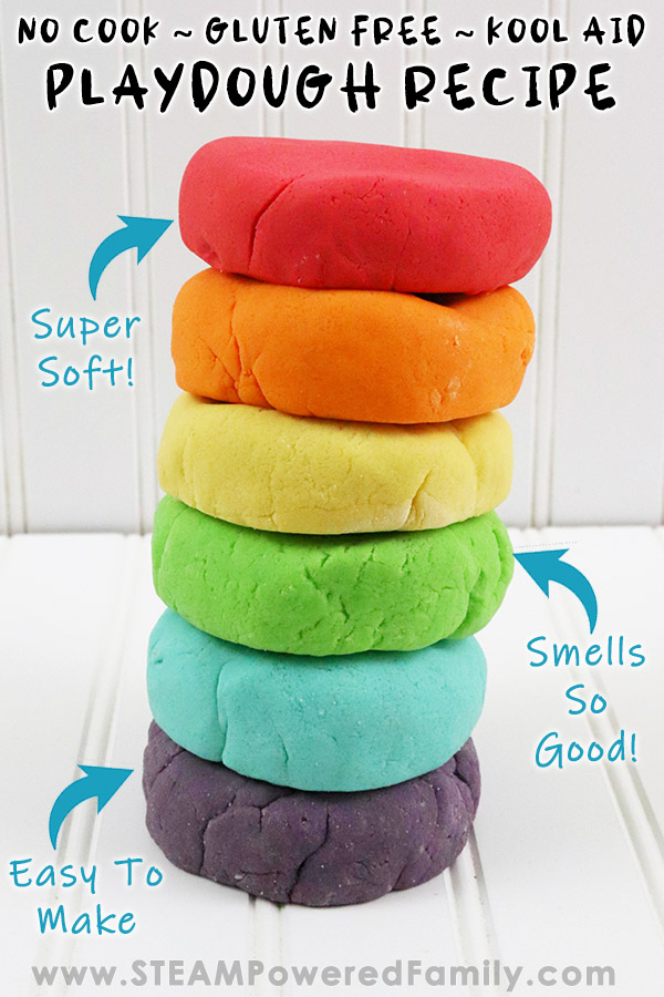 Looking for a fantastic rainbow playdough DIY project? Try this incredible Gluten Free Kool Aid Playdough Recipe that involves no cooking! So easy and it smells amazing!  Our no cook playdough is so easy to make and the results are soft, fun and smell incredible. The Kool Aid creates the most amazing scents giving you a wonderful sensory experience with your playdough. Grab the items from your pantry right now and start making this incredible playdough so you can start playing! #Playdough  via @steampoweredfam