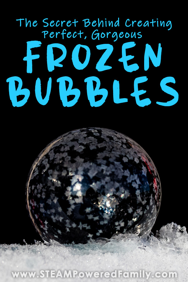 Learn the secret to creating the perfect frozen bubble. Here we explore the science, and share the perfect recipe and techniques to freeze bubbles. Turn it into a winter STEM challenge and see how many bubbles in a row you can create or how high you can build a tower of bubbles. The perfect, gorgeous, winter science challenge for all ages to get outside and enjoy the winter season and cold weather while learning. #FrozenBubbles #FrozenBubble #Winter #WinterScience #WinterSTEM via @steampoweredfam