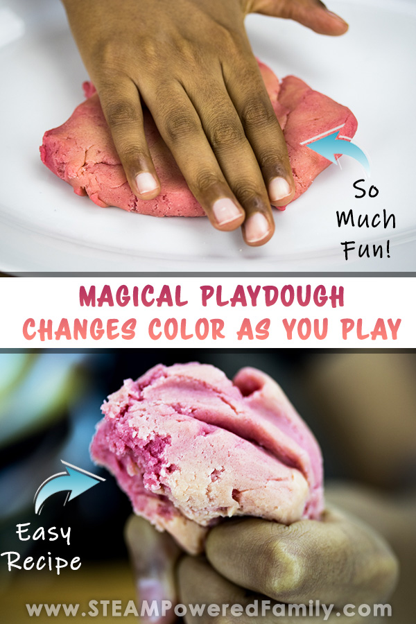 Ready for some playdough fun for all ages? This magic playdough recipe changes colours as you play with it, making this heat sensitive playdough a hit with all ages. Thermochromatic pigments give this easy playdough recipe a magical quality that will have kids exploring, creating and learning. A fantastic hands on, sensory science project that will appeal to kids from preschool to teens. Get ready to play with colours and playdough! #Playdough #MagicPlaydough #ColorChanging #ColourChanging  via @steampoweredfam