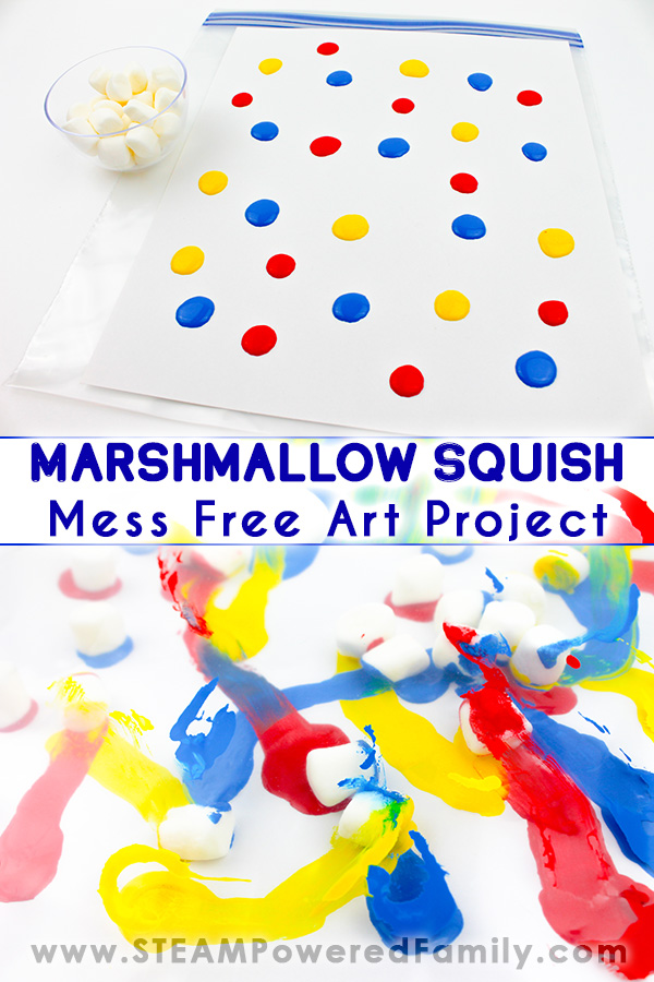 Marshmallow Squish - Mess Free, Sensory Friendly Art Project In a Bag. Ready for something the kids will love doing but won't cause a massive mess for you to clean up? Try this mess free, stress free art project in a bag we call Marshmallow Squish! Kids love this sensory friendly project to create stunning art. Includes lots of project extension ideas and is easily adaptable for preschool, kindergarten or grade one students. Have fun exploring and creating! #Marshmallow #ArtinaBag #MessFree #Art via @steampoweredfam