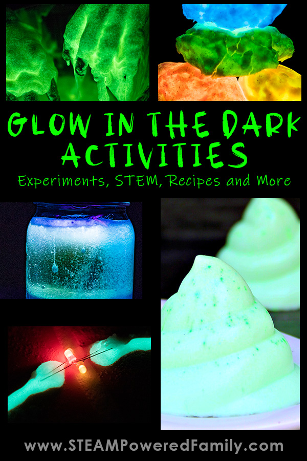 Thrill the kids with these Glow in the Dark Activities for kids that includes science experiments, STEM, sensory projects and even recipes. As soon as you make a project glow in the dark, suddenly kids get really excited! Learn the science behind how Glow in the Dark works. Then set out to do your own glow projects from creating glow circuits to glow in the dark bath bombs, glow lava lamps to glow jello! Click to learn more about GLOW! #GlowintheDark #KidsActivities #Science #Experiments via @steampoweredfam