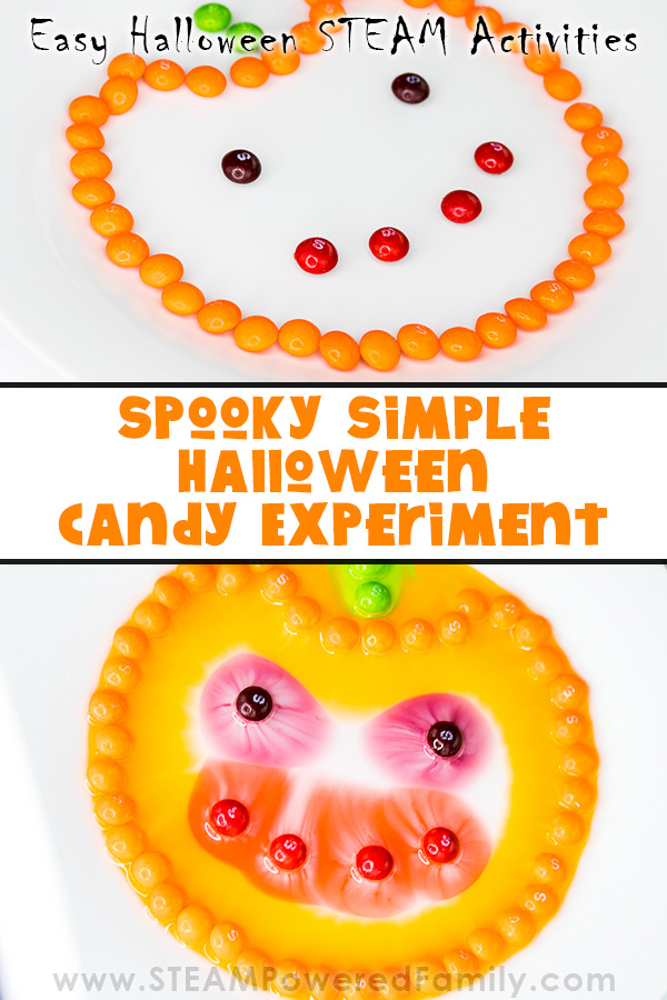 Put all of that Halloween Candy to work in some fun science experiments! We start with a super simple Halloween Skittles Experiment, then add even more candy to our science lab in some delicious learning. Only 2 simple ingredients and 5 minutes is all you need to do this experiment. It's so easy kids can do it themselves. These simple science experiments are the perfect way to use up some of that Halloween Candy! #Halloween #HalloweenScience #SkittlesExperiment #CandyScience #CandyExperiment via @steampoweredfam