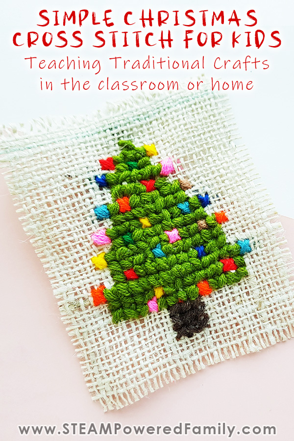 Teaching Traditional Crafts to this new generation with a simple Christmas Cross Stitch For Kids. This budget friendly simple introduction to cross stitching is perfect for kids at home or in the classroom. The results can be used to make ornaments, cards and more. Cross stitching is a great project to tie into a history lesson with this craft going back centuries. Click for details #CrossStitch #ChristmasProject #ChristmasDIY #ChristmasCrafts #SimpleCrossStitch #ChristmasTreeCraft  via @steampoweredfam