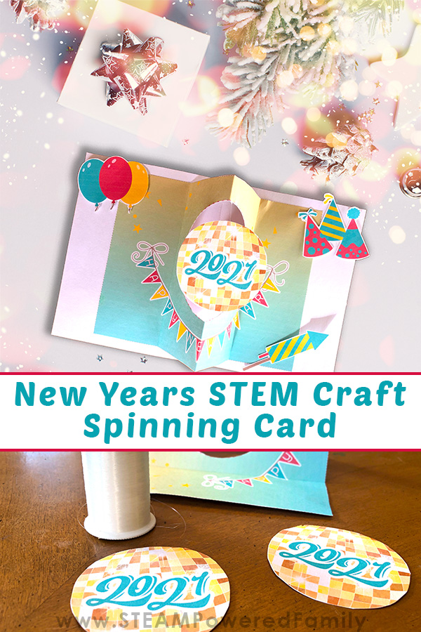 Celebrate New Years with this fun 3D Spinning card craft that embraces STEM principles and results in a stunning card that will WOW! Kids will love creating this card and putting to work their engineering skills, knowledge of physics and their critical thinking skills to create a card to celebrate the end of the year and beginning of the new year. Free printable template is included, plus detailed instructions and a video detailing all the steps. Click to learn more. #NewYears #NewYearsSTEM #NYE via @steampoweredfam