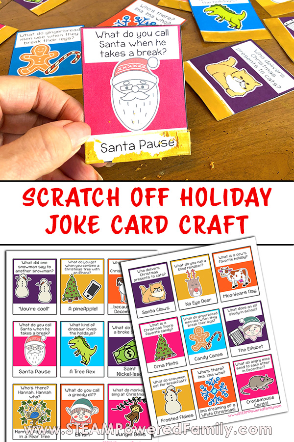 For the holidays make these adorable scratch off holiday joke cards with the kids. Bring the joy and laughter to Christmas with this craft. 
Are you looking for something really fun to do with the kids this holiday season? This is the perfect project! With a few simple supplies you can make scratch off Christmas joke cards that will have your kids feeling incredibly proud as they also spread laughter and joy this holiday season. Visit STEAM Powered Family for details. www.STEAMPoweredFamily.com via @steampoweredfam
