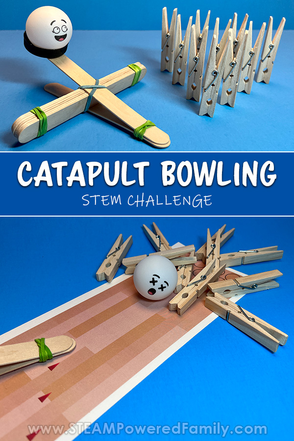 Catapult Bowling is a fun, table top STEM game, kids engineer themselves, then study the physics to ensure they hurl the perfect strike! No bowling shoes? No problem! You can still hurl a strike with this mini catapult bowling game! Your challenge is to build a working catapult that can accurately launch a ping pong ball at a set of 10 clothespins. Can you knock down all 10 pins? Learn more about this STEM Game at STEAMPoweredFamily.com via @steampoweredfam