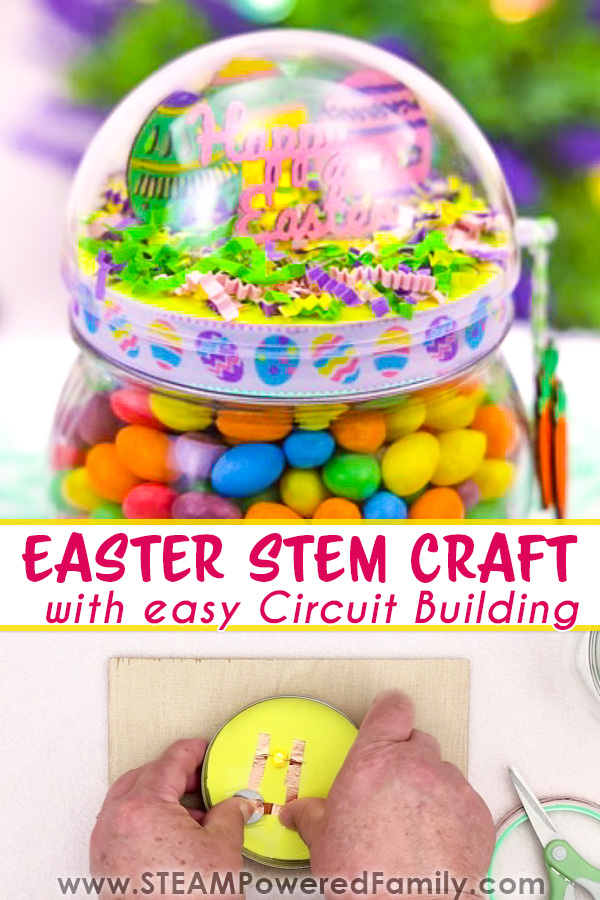Easter Craft for Kids with Easy Circuit STEM Project - Build Easter Crafts for Kids with Circuits to electrify your Easter décor! Learn how to make a paper circuit in this special Easter Jar Craft old kids, teens and adults. Building circuits is a wonderful STEM project for the classroom, home or after school program. The results of this Easter Craft is a Light Up Candy Jar that is perfect for Easter décor or for kids to gift to someone special. Visit STEAMPoweredFamily.com for all the details. via @steampoweredfam