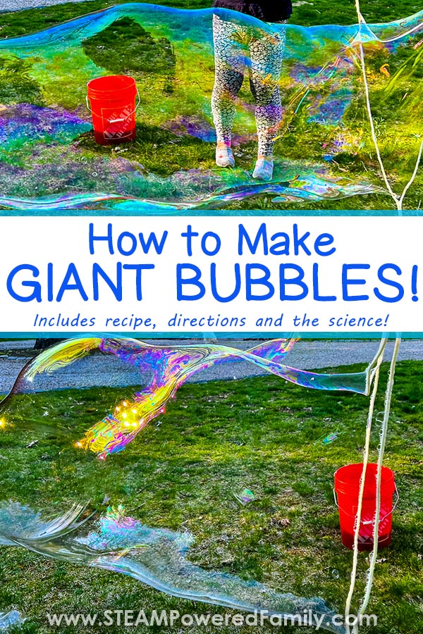In this fun summer STEM project, learn how to make bubble solution and bubble wands for the most amazing giant bubbles. Includes the science and full tutorial. Make bubbles as big as a person with some simple ingredients and supplies. This is the perfect activity for summer camp, birthday parties, celebrations or end of the school year. Visit STEAMPoweredFamily.com to get the recipe and directions.  via @steampoweredfam