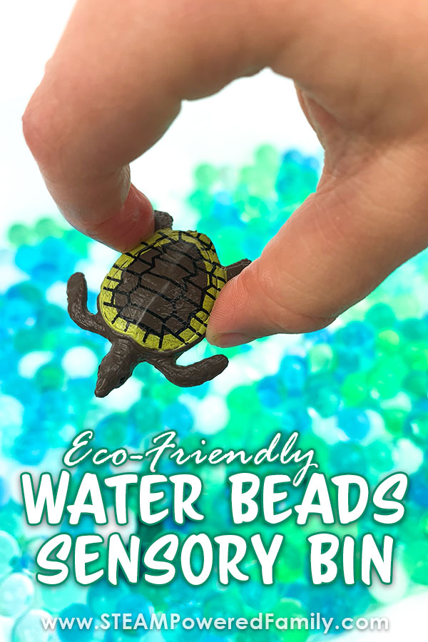 Eco-friendly Water Beads Sensory Bin with Sea Turtles - Learn all about water beads or hydrogel, and how these fun polymer beads make great sensory science. Originally created for use in farming and water conservation, these fun squishy, bouncy orbs, make an incredible sensory science experience and sensory bin for older kids. Your tweens and teens will especially love these polymers. Visit STEAMPoweredFamily.com for all the details.  via @steampoweredfam
