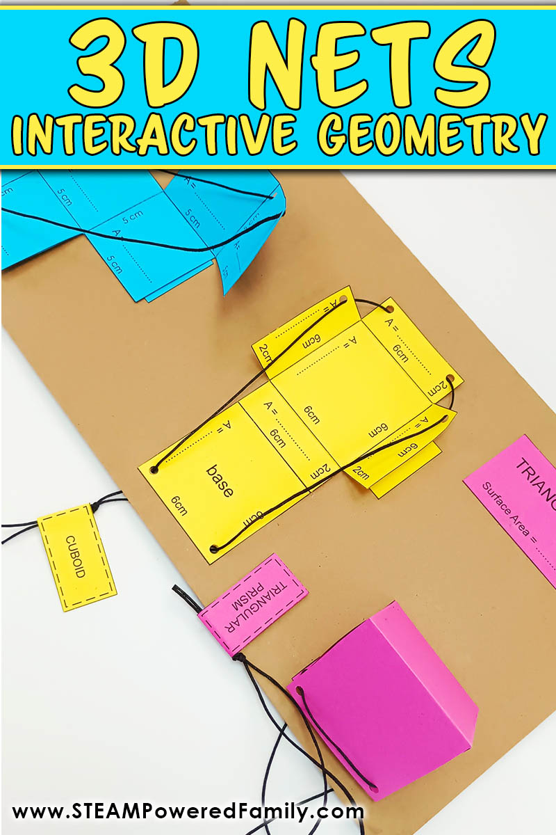 Students will love learning about Geometry, Area and 3D Shapes in this interactive and fun 3D Nets Geometry activity. In this 3D Nets Geometry Activity, students will learn about shapes, dimensions and calculating area. Fun geometry projects that are interactive are a wonderful way to engage students in math. This project makes the perfect addition to a math center. Video tutorial and printables can be found at STEAMPoweredFamily.com via @steampoweredfam