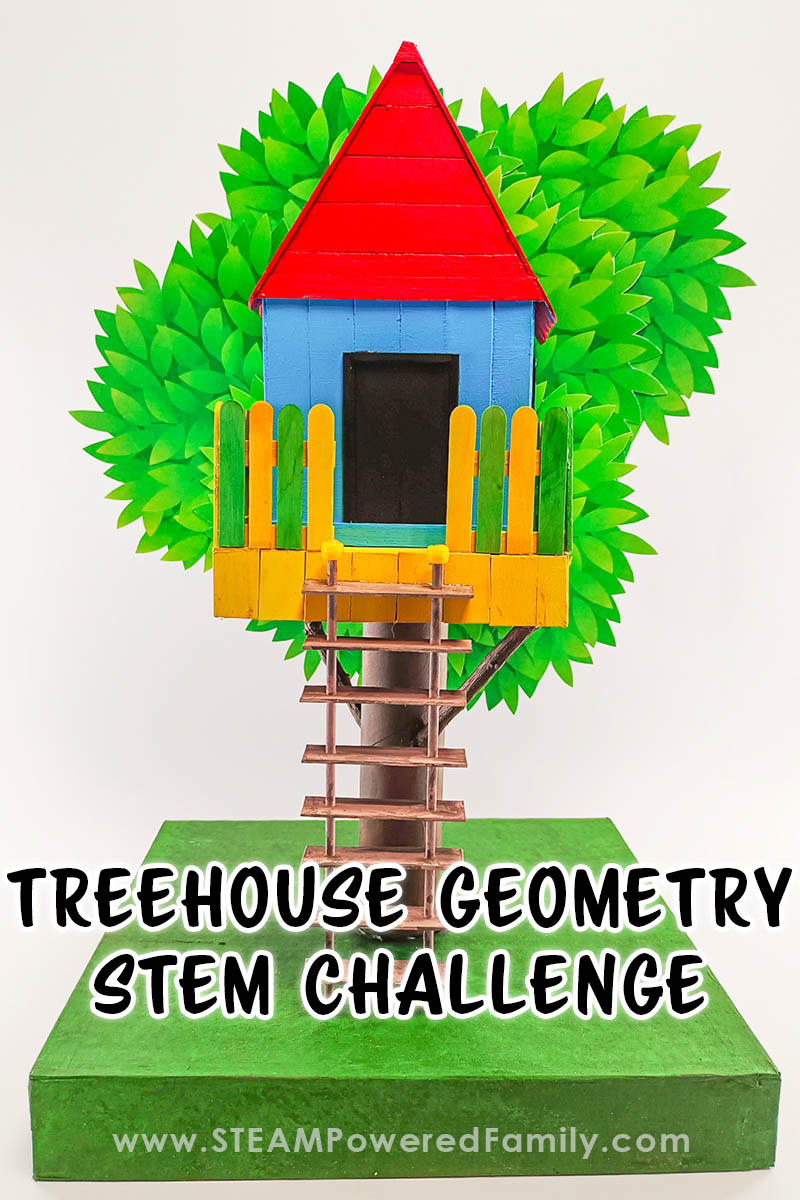 Treehouse Geometry STEM Challenge - Design and build a model of your dream treehouse using 3D shapes in this exciting STEM project. In this fun STEM engineering and math project, you will design and build a model of your dream treehouse using 3D shapes. This will put your math, engineering, and artistic skills to the test. Printable templates and video tutorial available at STEAMPoweredFamily.com via @steampoweredfam