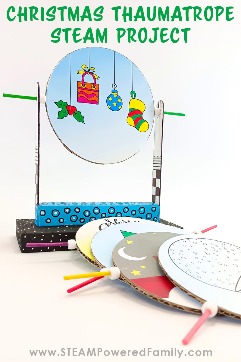Build a fun Christmas Thaumatrope and explore the magic of optical illusions with this homemade heritage toy that creates animated images. This special Thaumatrope design challenges students to also build a stand, and puts their engineering skills to use. Or you can use a more simple construction method. This fun project teaches students STEM skills, science, biology and engineering. Printables included. Visit STEAMPoweredFamily.com for all the details.  via @steampoweredfam