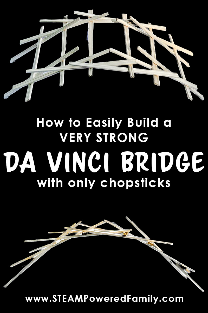 Leonardo da Vinci's simplest bridge idea was arguably the most ingenious! Learn how to build a da Vinci bridge with only chopsticks and physics. da Vinci’s design featured notched poles or logs that would be placed so that as pressure is applied by someone or something moving across it the friction of the pieces would not only hold the load but make the structure stronger. Learn how to build your own with our video and printable at STEAMPoweredFamily.com via @steampoweredfam