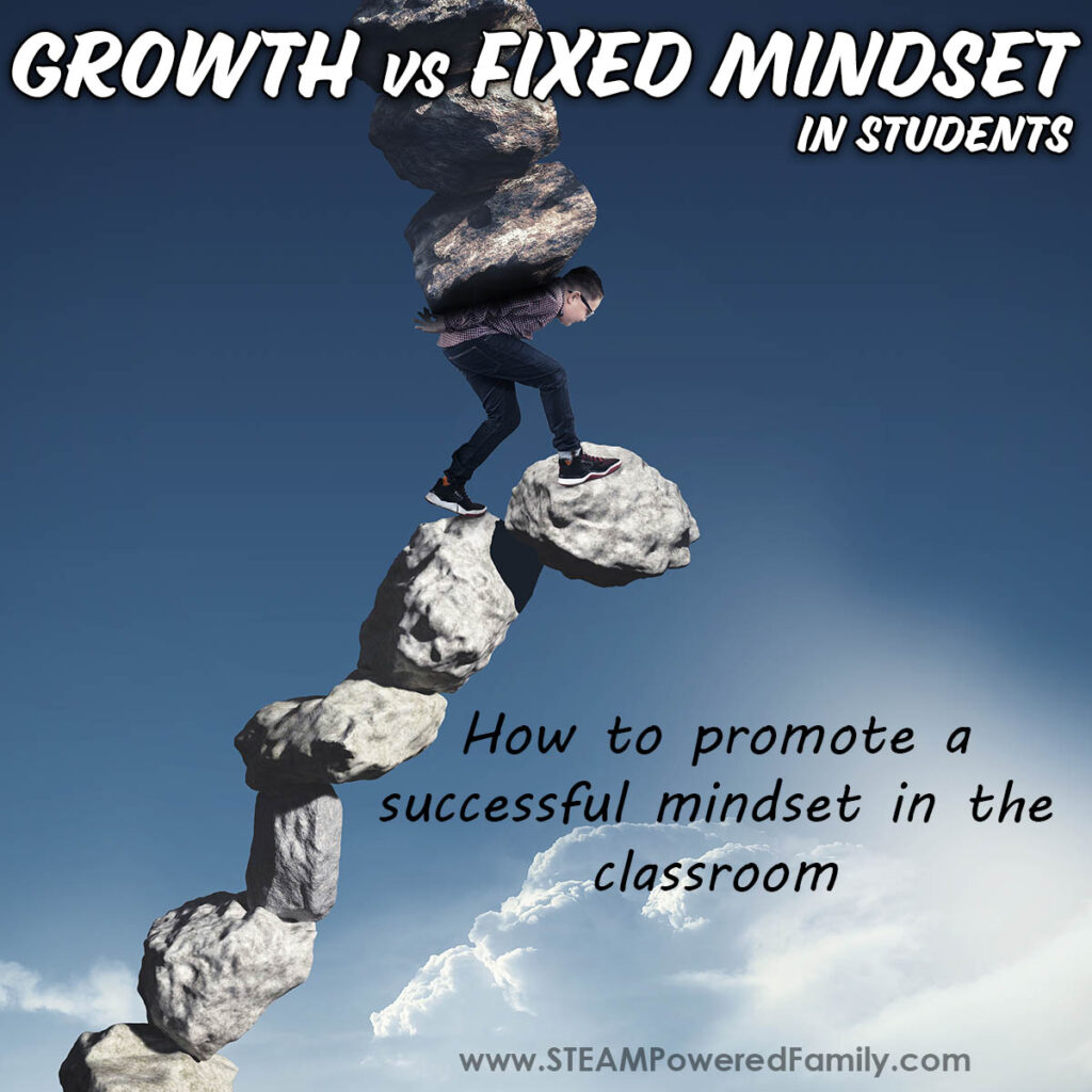 Growth vs Fixed Mindset in Students in the Classroom. Shows a boy carrying a heavy burden of rocks up hill to demonstrate Growth mindset
