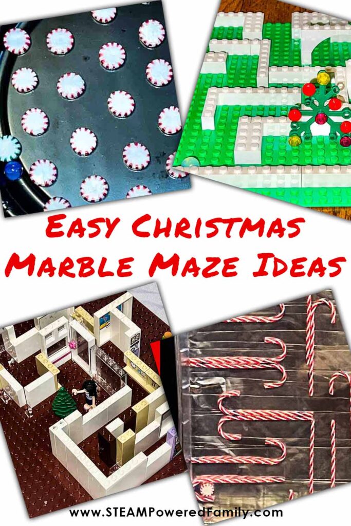 Fun and easy Christmas Marble Maze Ideas using items like Candy Canes, Christmas Mints, and Lego. Christmas STEM activities for kids!