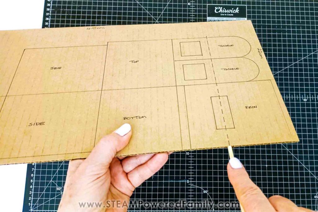 Inserting the skewer into the cardboard templates