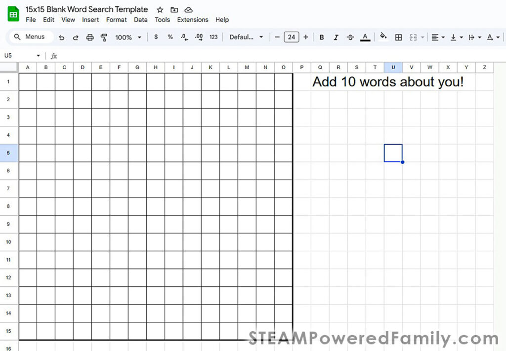 Google Sheets Word Search Template