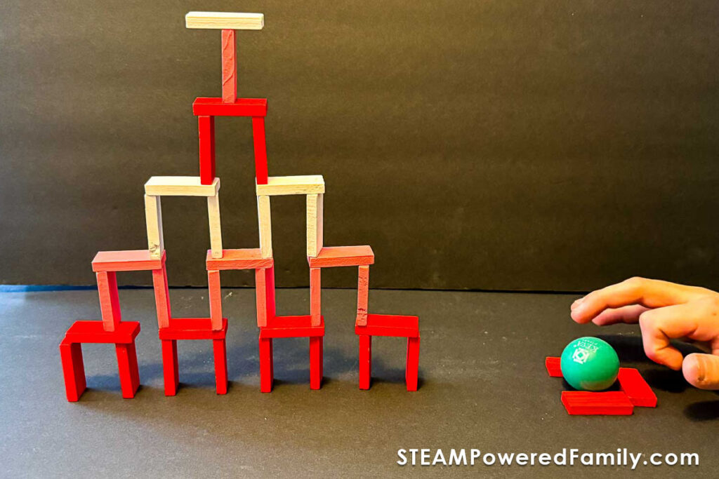 Chain reaction towers for Valentine's Day classroom challenge with launcher