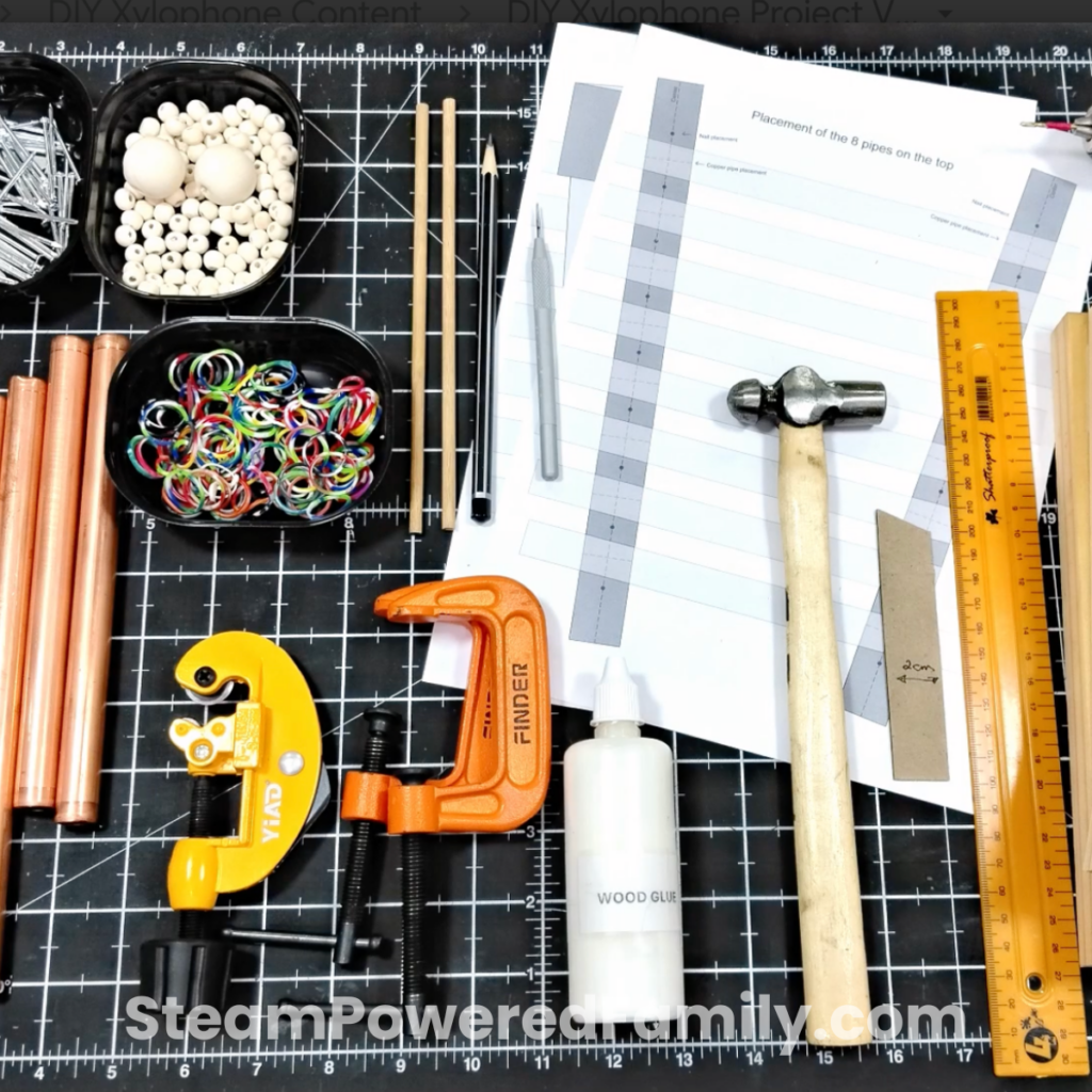 Materials needed for the DIY xylophone STEM experiment.