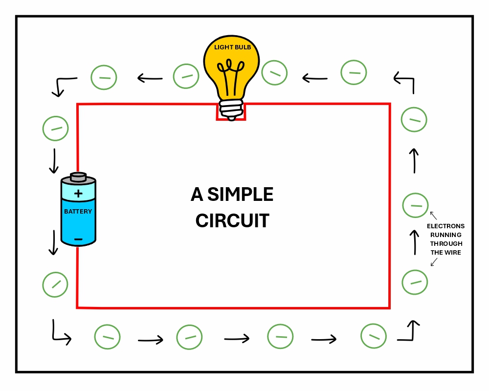 Diagram of a simple circuit showing a battery, two wires, and a light bulb forming a closed loop, used to teach electricity for the DIY Pringles Can Lamp project.