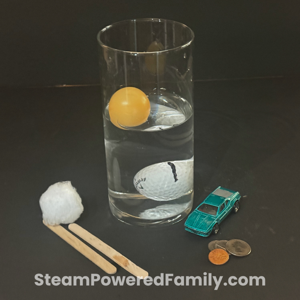 Cup of water with assorted objects laid out for a sink or float no prep water STEM activity.
