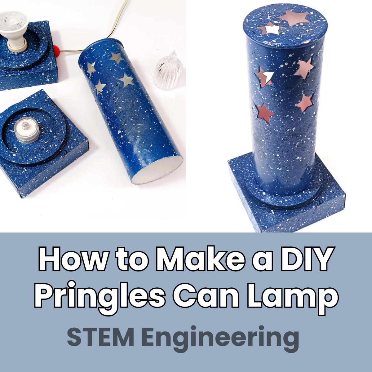 Finished DIY Pringles Can Lamp lit at night projecting geometric star patterns onto the wall.