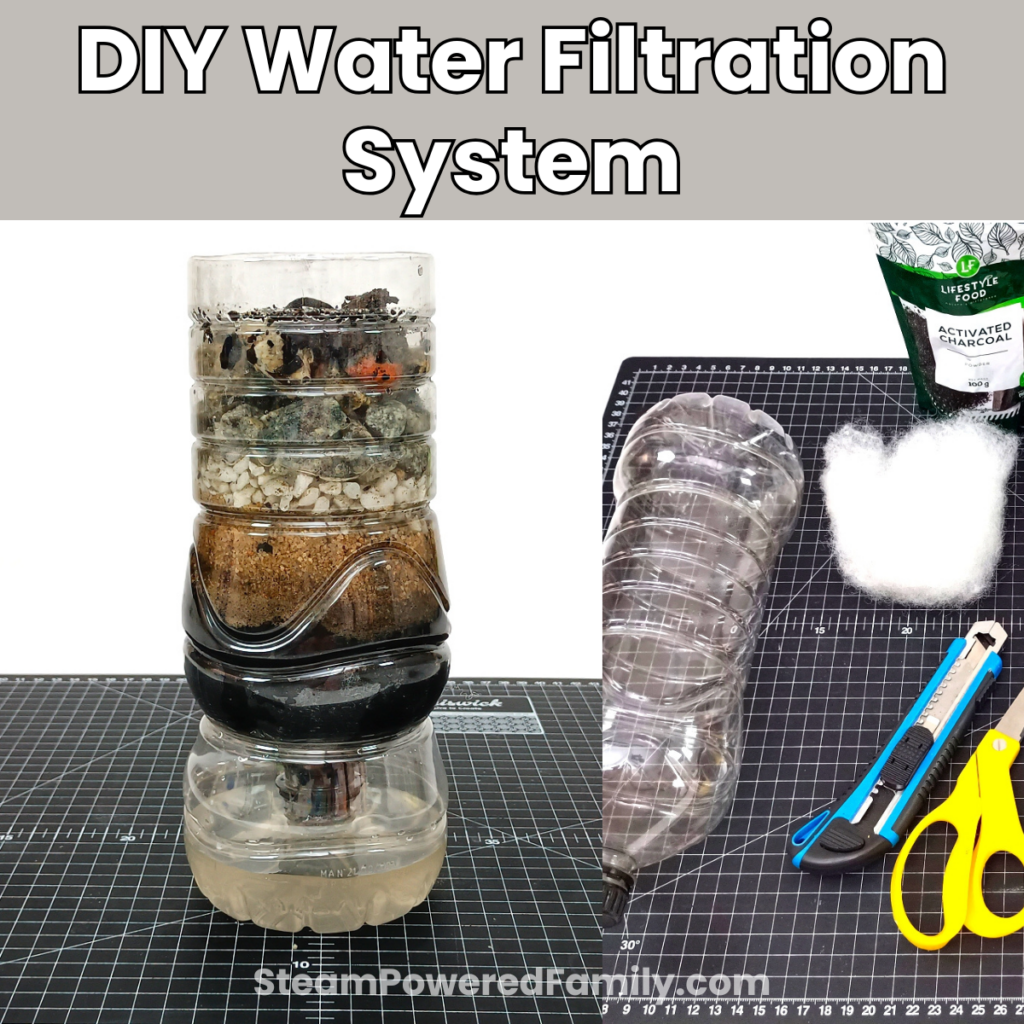 Finished water filtration experiment with dirty water on top and clean water collecting in the cut bottle base below.