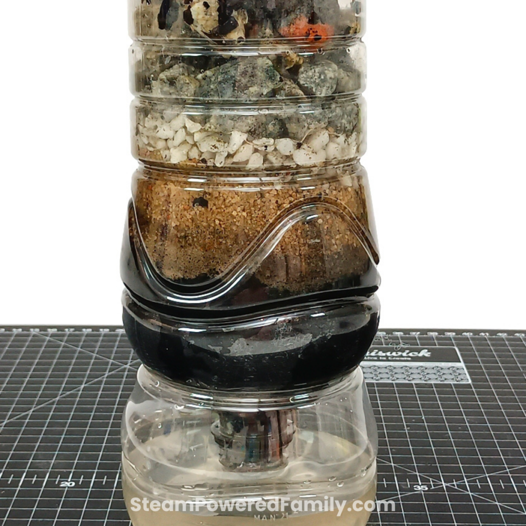 Clean filtered water collecting in the base of the water filtration experiment after passing through all six layers.